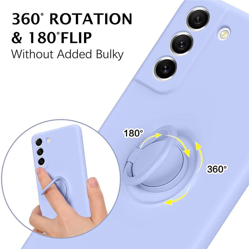 For Samsung Galaxy S21 FE 5G Built-in Metal Sheet Finger Ring Kickstand Design Liquid Silicone Phone Case Protector - Purple - 3