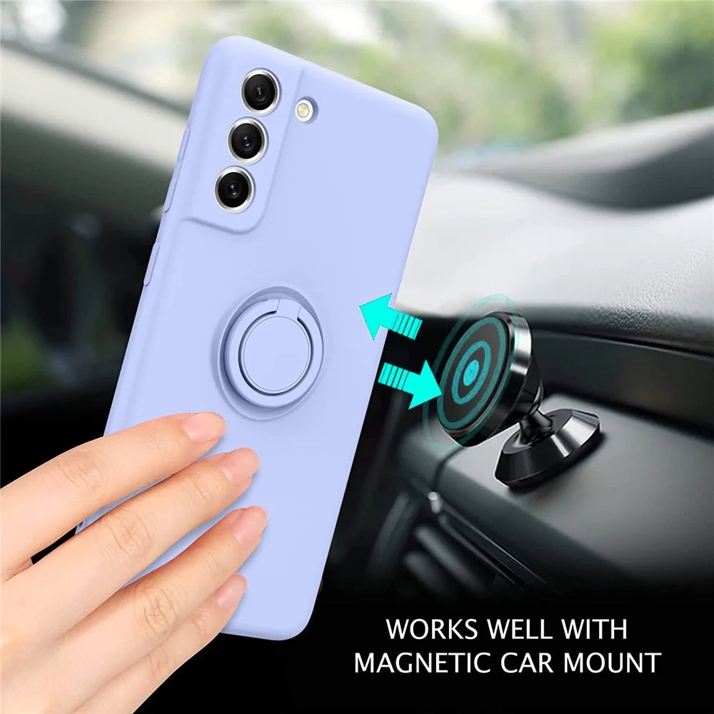 For Samsung Galaxy S21 FE 5G Built-in Metal Sheet Finger Ring Kickstand Design Liquid Silicone Phone Case Protector - Purple - 4