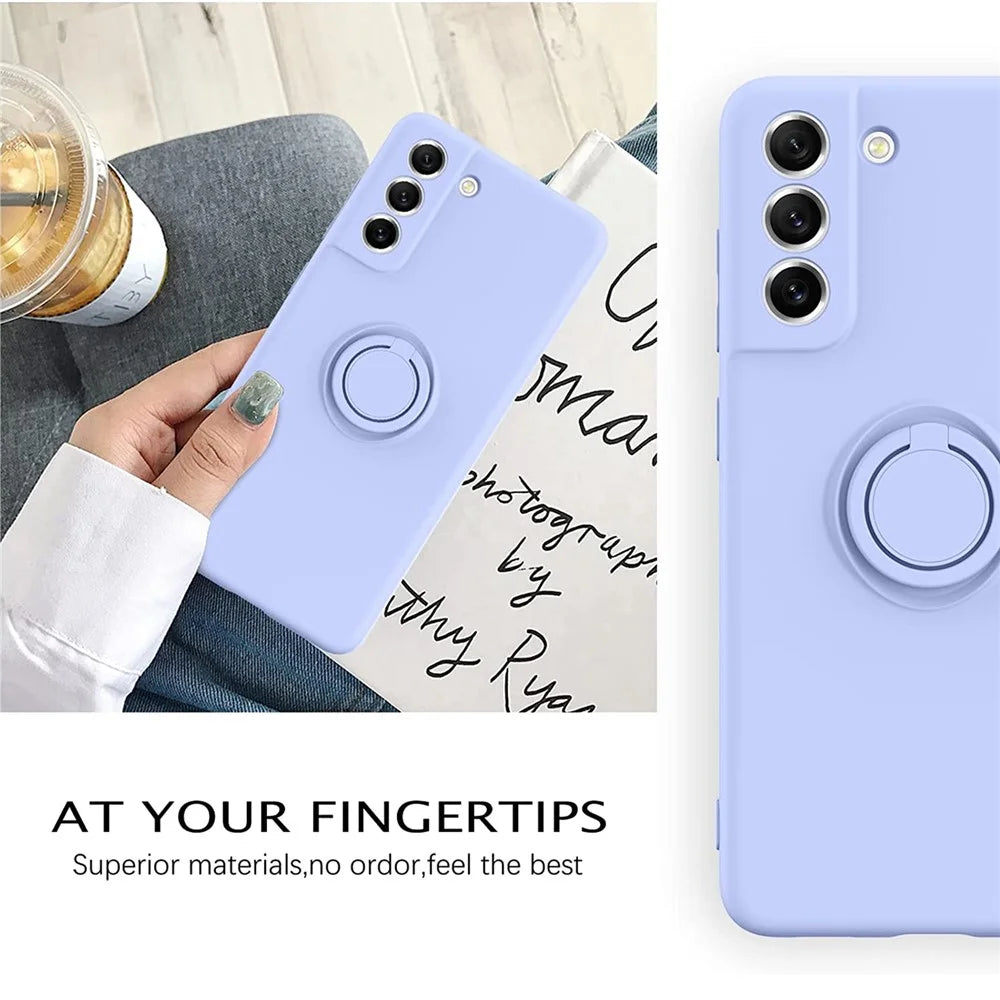 For Samsung Galaxy S21 FE 5G Built-in Metal Sheet Finger Ring Kickstand Design Liquid Silicone Phone Case Protector - Purple - 5