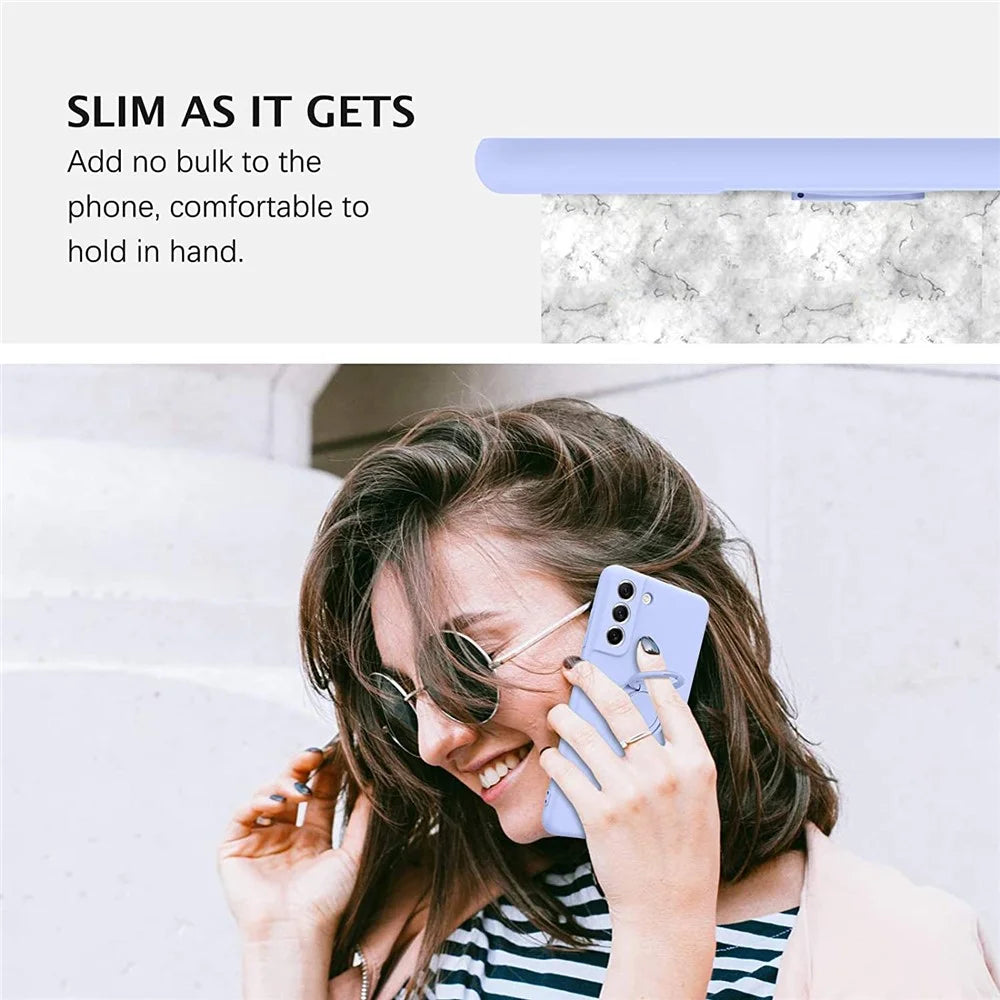For Samsung Galaxy S21 FE 5G Built-in Metal Sheet Finger Ring Kickstand Design Liquid Silicone Phone Case Protector - Purple - 6