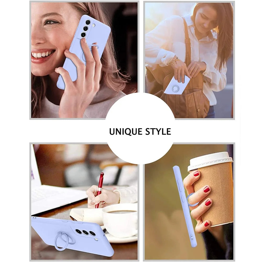 For Samsung Galaxy S21 FE 5G Built-in Metal Sheet Finger Ring Kickstand Design Liquid Silicone Phone Case Protector - Purple - 7
