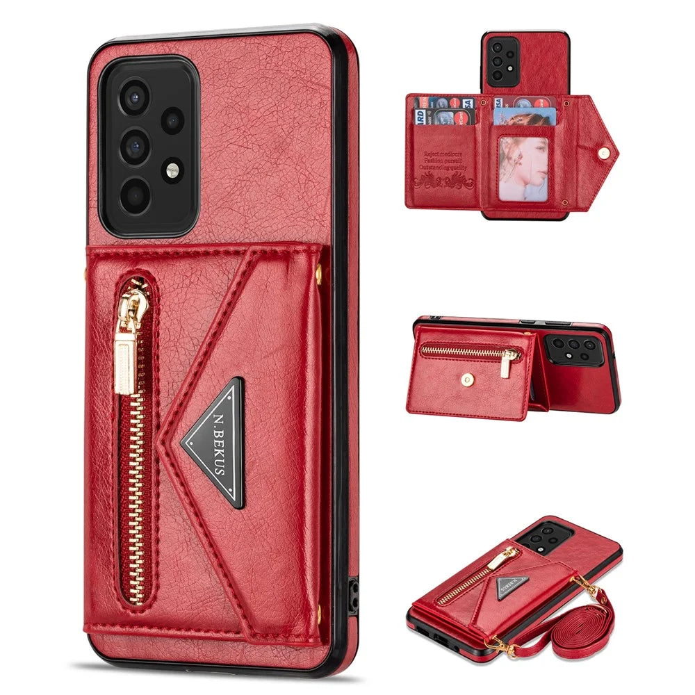 N.BEKUS for Samsung Galaxy A72 4G/5G Zippered Pocket Wallet Kickstand Design PU Leather + TPU Phone Case - Red - 1