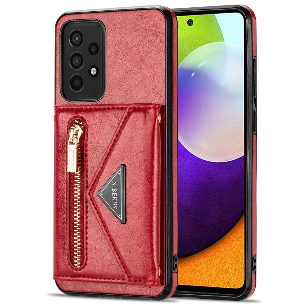 N.BEKUS for Samsung Galaxy A72 4G/5G Zippered Pocket Wallet Kickstand Design PU Leather + TPU Phone Case - Red - 2