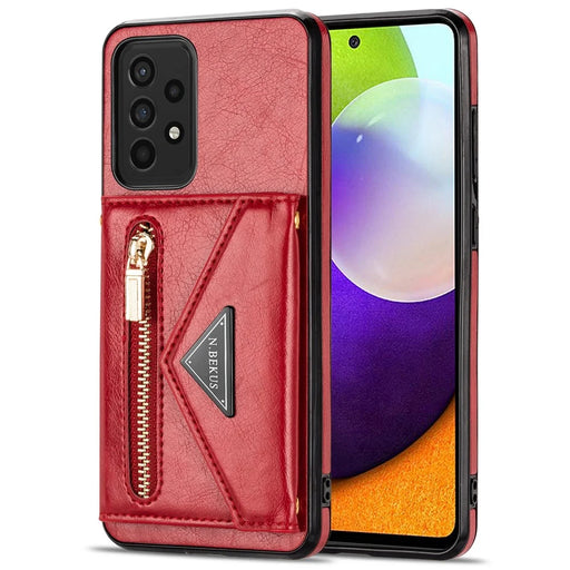 N.BEKUS for Samsung Galaxy A72 4G/5G Zippered Pocket Wallet Kickstand Design PU Leather + TPU Phone Case - Red - 2