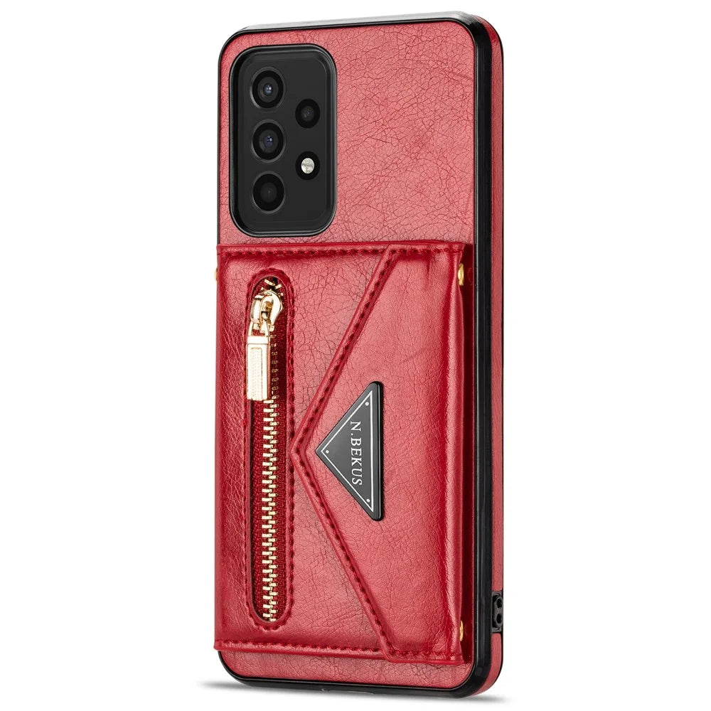 N.BEKUS for Samsung Galaxy A72 4G/5G Zippered Pocket Wallet Kickstand Design PU Leather + TPU Phone Case - Red - 3