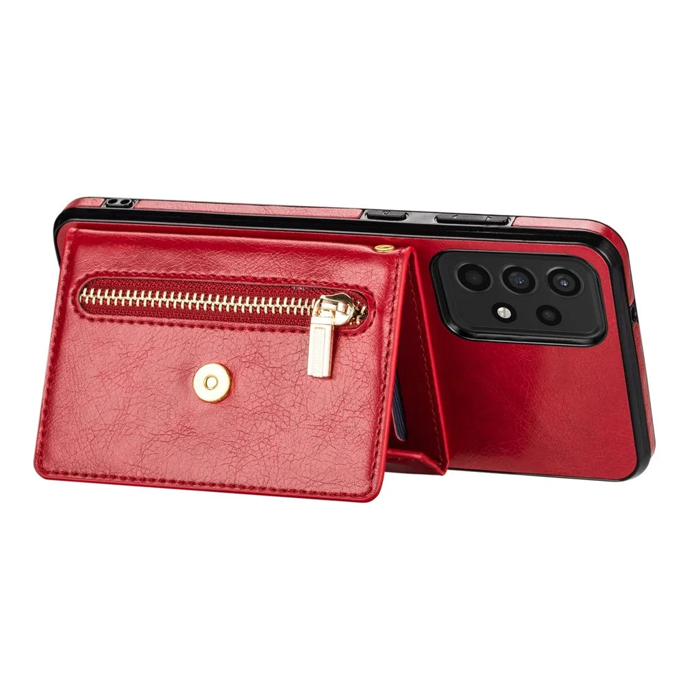 N.BEKUS for Samsung Galaxy A72 4G/5G Zippered Pocket Wallet Kickstand Design PU Leather + TPU Phone Case - Red - 4