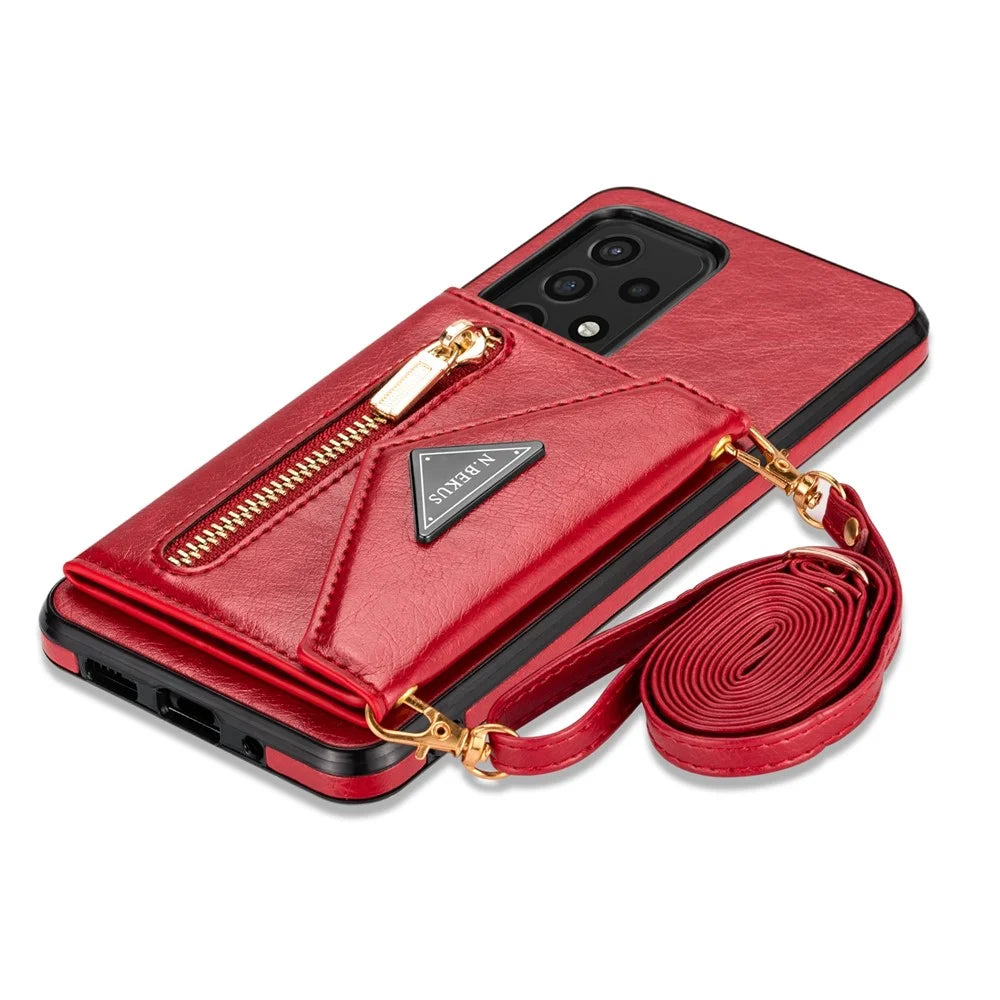 N.BEKUS for Samsung Galaxy A72 4G/5G Zippered Pocket Wallet Kickstand Design PU Leather + TPU Phone Case - Red - 6
