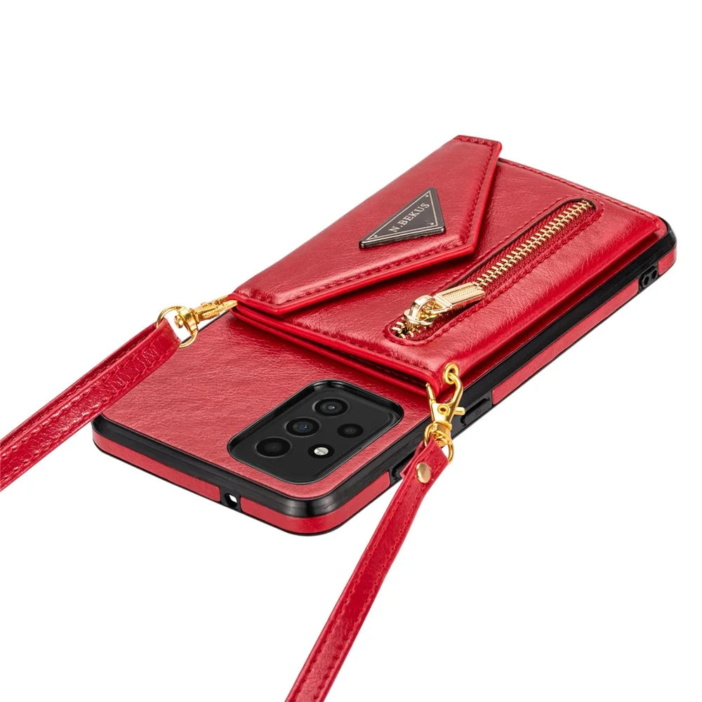 N.BEKUS for Samsung Galaxy A72 4G/5G Zippered Pocket Wallet Kickstand Design PU Leather + TPU Phone Case - Red - 7