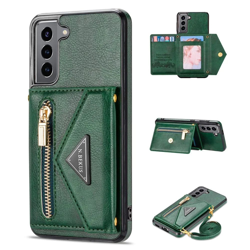 N.BEKUS for Samsung Galaxy S21+ 5G Well-protected Anti-scratch PU Leather + TPU Kickstand Design Wallet Phone Cover Case - Blackish Green - 1