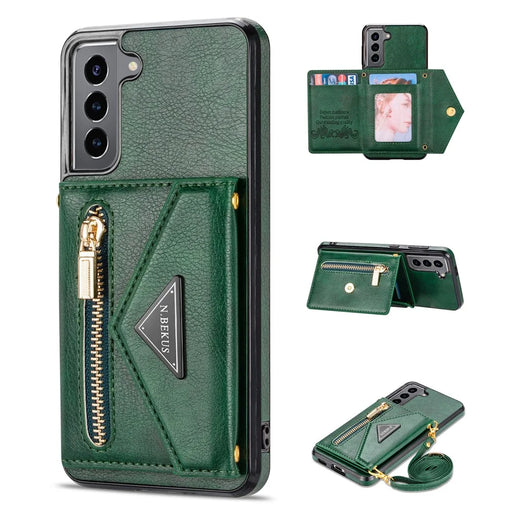 N.BEKUS for Samsung Galaxy S21+ 5G Well-protected Anti-scratch PU Leather + TPU Kickstand Design Wallet Phone Cover Case - Blackish Green - 1