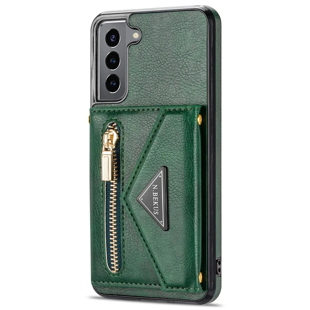 N.BEKUS for Samsung Galaxy S21+ 5G Well-protected Anti-scratch PU Leather + TPU Kickstand Design Wallet Phone Cover Case - Blackish Green - 3