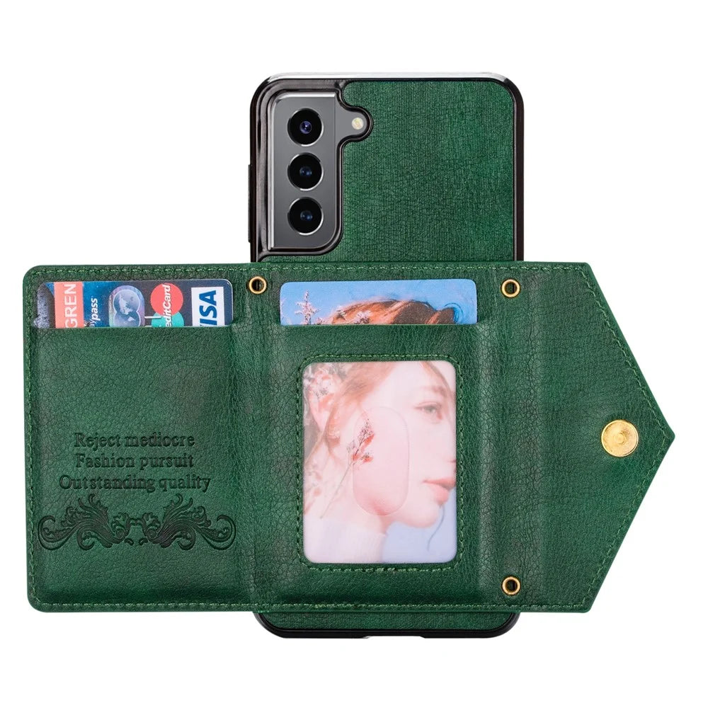 N.BEKUS for Samsung Galaxy S21+ 5G Well-protected Anti-scratch PU Leather + TPU Kickstand Design Wallet Phone Cover Case - Blackish Green - 5