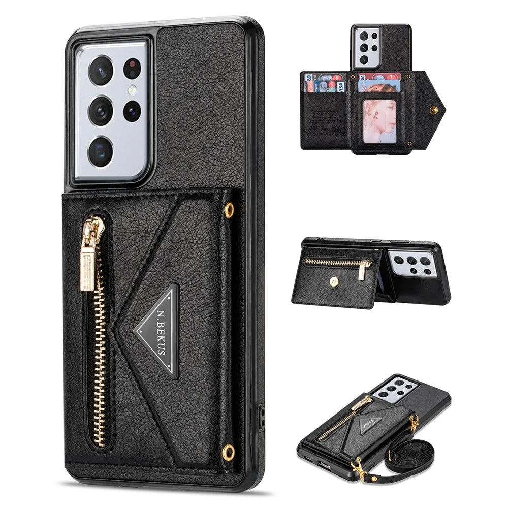 N.BEKUS for Samsung Galaxy S21 Ultra 5G Dual-layer Protection PU Leather + TPU Kickstand Design Wallet Cell Phone Cover Case - Black - 1