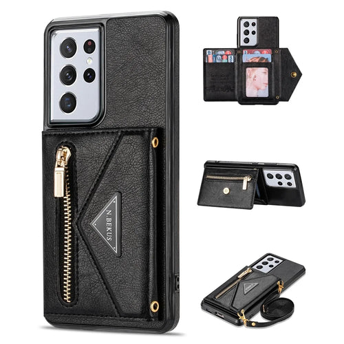 N.BEKUS for Samsung Galaxy S21 Ultra 5G Dual-layer Protection PU Leather + TPU Kickstand Design Wallet Cell Phone Cover Case - Black - 1