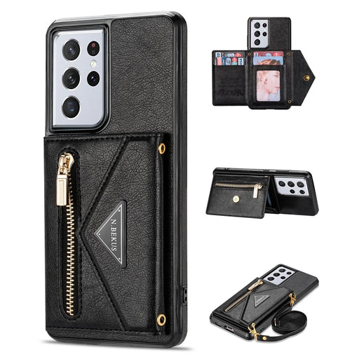 N.BEKUS for Samsung Galaxy S21 Ultra 5G Dual-layer Protection PU Leather + TPU Kickstand Design Wallet Cell Phone Cover Case - Black - 1