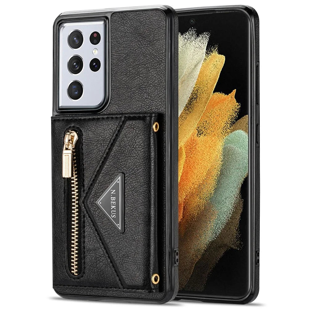 N.BEKUS for Samsung Galaxy S21 Ultra 5G Dual-layer Protection PU Leather + TPU Kickstand Design Wallet Cell Phone Cover Case - Black - 2