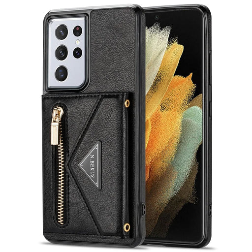 N.BEKUS for Samsung Galaxy S21 Ultra 5G Dual-layer Protection PU Leather + TPU Kickstand Design Wallet Cell Phone Cover Case - Black - 2