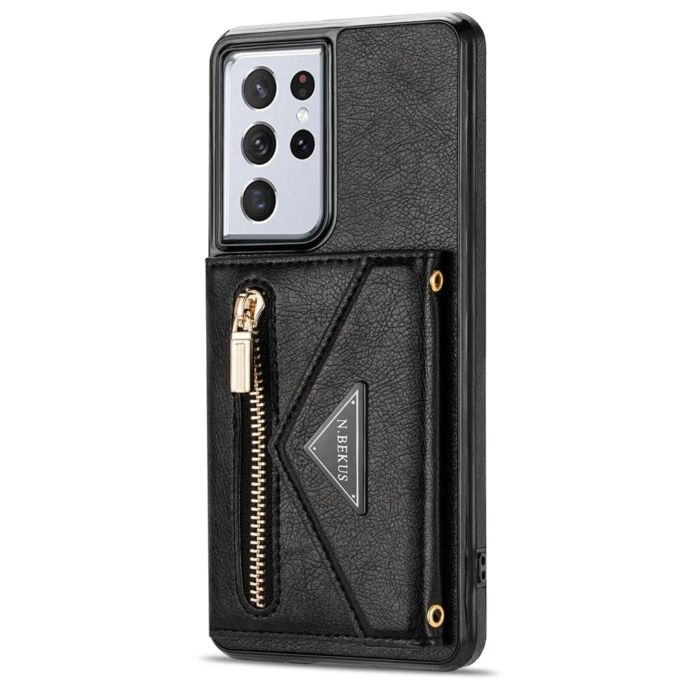 N.BEKUS for Samsung Galaxy S21 Ultra 5G Dual-layer Protection PU Leather + TPU Kickstand Design Wallet Cell Phone Cover Case - Black - 3