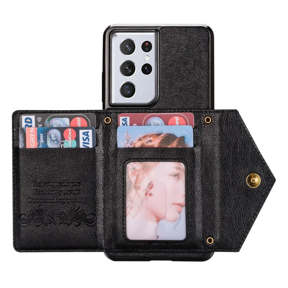 N.BEKUS for Samsung Galaxy S21 Ultra 5G Dual-layer Protection PU Leather + TPU Kickstand Design Wallet Cell Phone Cover Case - Black - 5