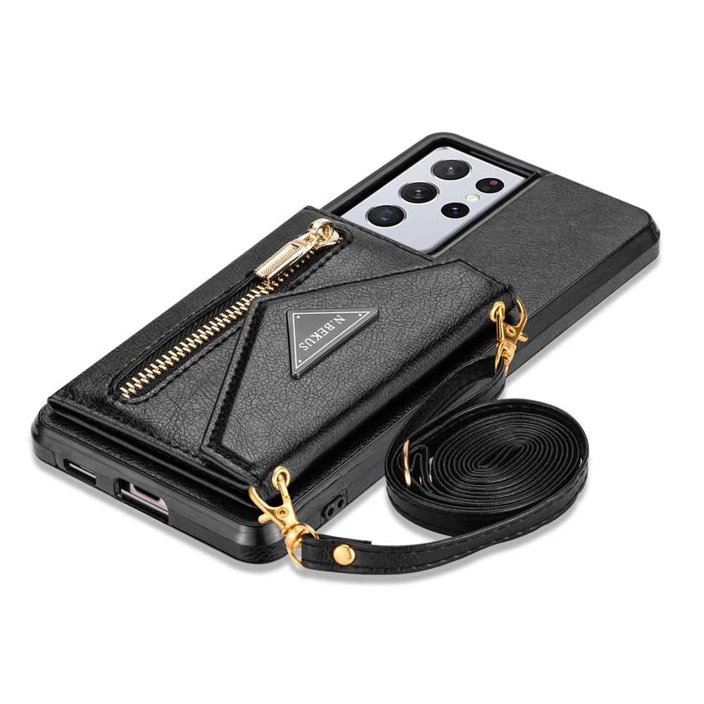 N.BEKUS for Samsung Galaxy S21 Ultra 5G Dual-layer Protection PU Leather + TPU Kickstand Design Wallet Cell Phone Cover Case - Black - 6