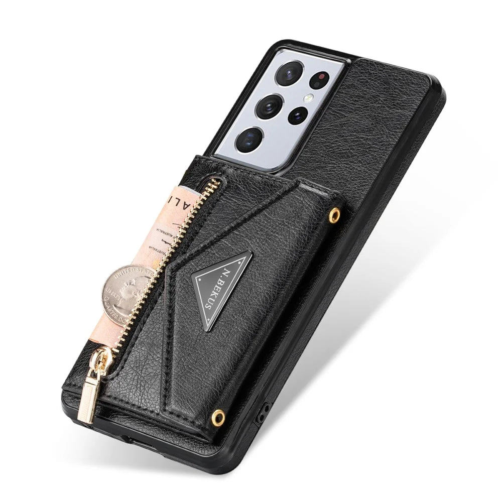 N.BEKUS for Samsung Galaxy S21 Ultra 5G Dual-layer Protection PU Leather + TPU Kickstand Design Wallet Cell Phone Cover Case - Black - 7