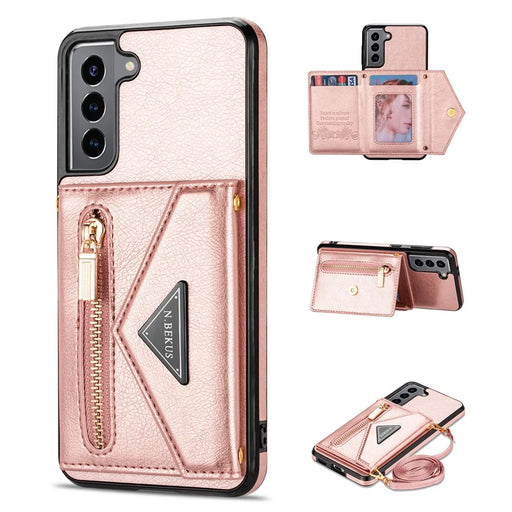 N.BEKUS for Samsung Galaxy S21 FE 5G / S21 Fan Edition Kickstand Card Slots Case, PU Leather Coated TPU Durable Cover with Strap - Pink - 1