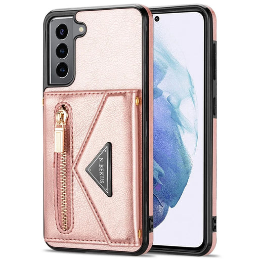 N.BEKUS for Samsung Galaxy S21 FE 5G / S21 Fan Edition Kickstand Card Slots Case, PU Leather Coated TPU Durable Cover with Strap - Pink - 2