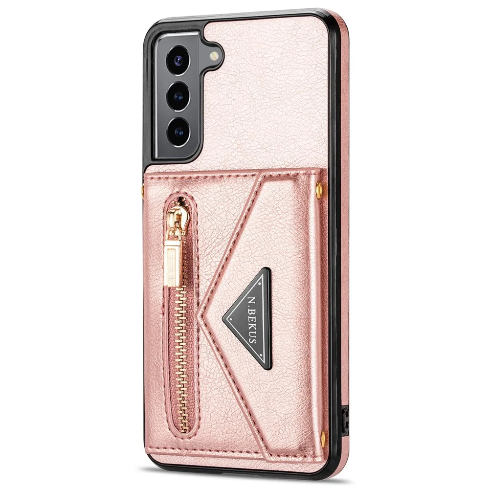 N.BEKUS for Samsung Galaxy S21 FE 5G / S21 Fan Edition Kickstand Card Slots Case, PU Leather Coated TPU Durable Cover with Strap - Pink - 3