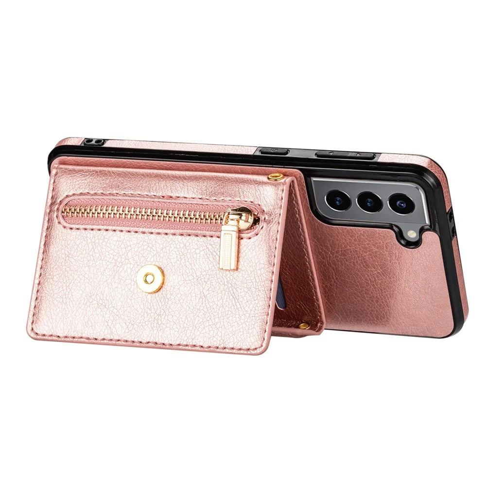 N.BEKUS for Samsung Galaxy S21 FE 5G / S21 Fan Edition Kickstand Card Slots Case, PU Leather Coated TPU Durable Cover with Strap - Pink - 4