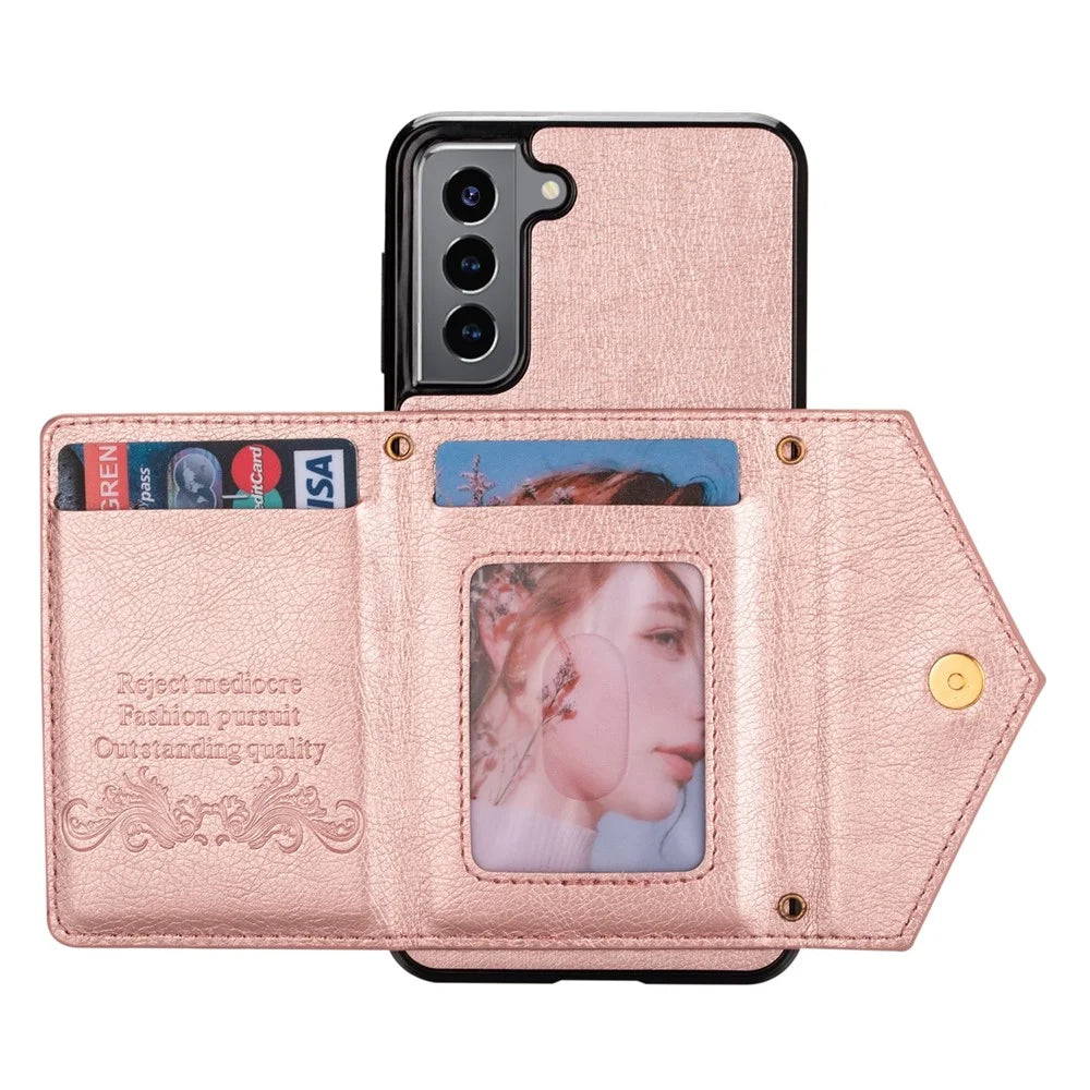 N.BEKUS for Samsung Galaxy S21 FE 5G / S21 Fan Edition Kickstand Card Slots Case, PU Leather Coated TPU Durable Cover with Strap - Pink - 5