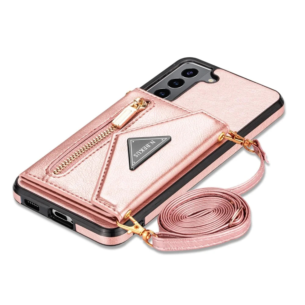 N.BEKUS for Samsung Galaxy S21 FE 5G / S21 Fan Edition Kickstand Card Slots Case, PU Leather Coated TPU Durable Cover with Strap - Pink - 6