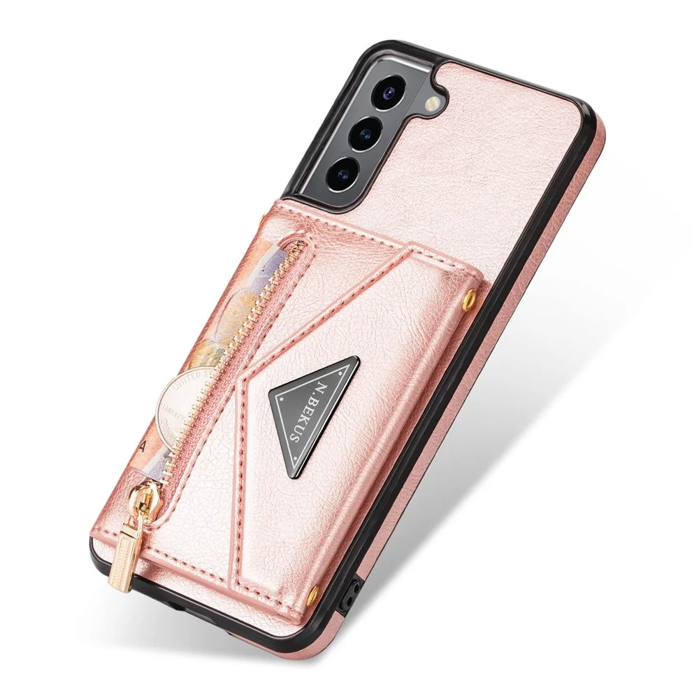 N.BEKUS for Samsung Galaxy S21 FE 5G / S21 Fan Edition Kickstand Card Slots Case, PU Leather Coated TPU Durable Cover with Strap - Pink - 7
