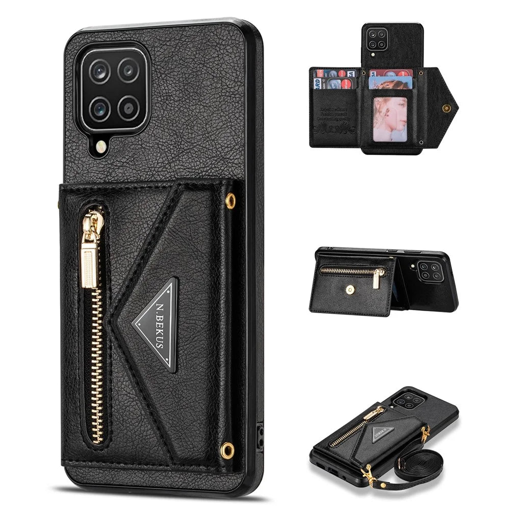 N.BEKUS PU Leather + TPU Phone Case for Samsung Galaxy A12, Zipper Card Holder Kickstand Cover with Long Strap - Black - 1