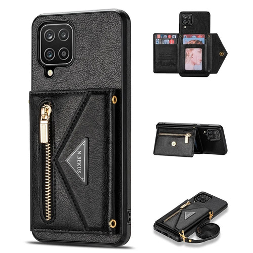 N.BEKUS PU Leather + TPU Phone Case for Samsung Galaxy A12, Zipper Card Holder Kickstand Cover with Long Strap - Black - 1