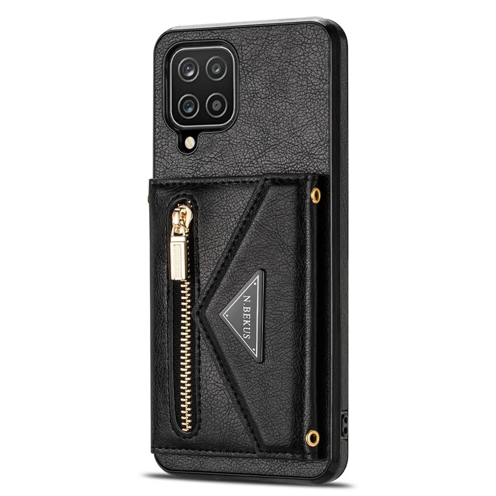 N.BEKUS PU Leather + TPU Phone Case for Samsung Galaxy A12, Zipper Card Holder Kickstand Cover with Long Strap - Black - 3