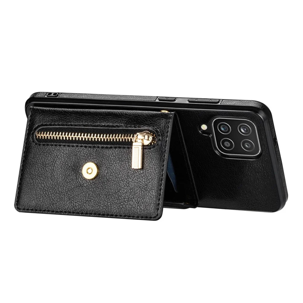 N.BEKUS PU Leather + TPU Phone Case for Samsung Galaxy A12, Zipper Card Holder Kickstand Cover with Long Strap - Black - 4