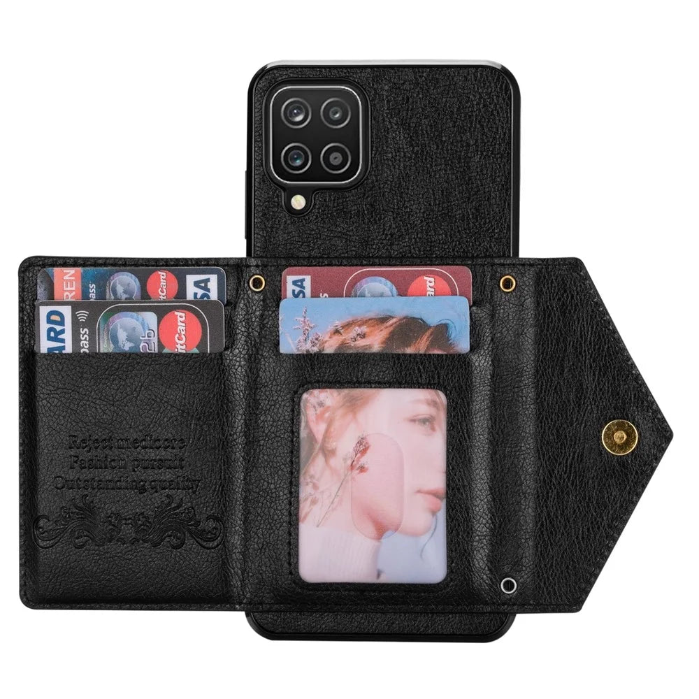 N.BEKUS PU Leather + TPU Phone Case for Samsung Galaxy A12, Zipper Card Holder Kickstand Cover with Long Strap - Black - 5