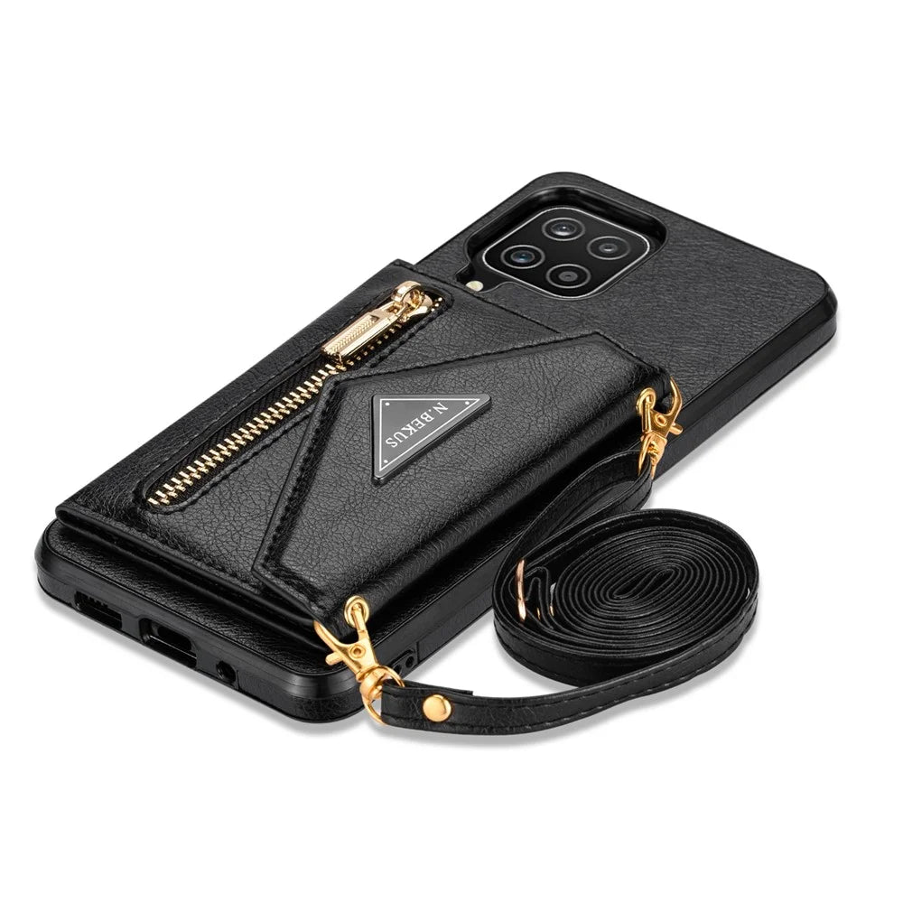 N.BEKUS PU Leather + TPU Phone Case for Samsung Galaxy A12, Zipper Card Holder Kickstand Cover with Long Strap - Black - 6
