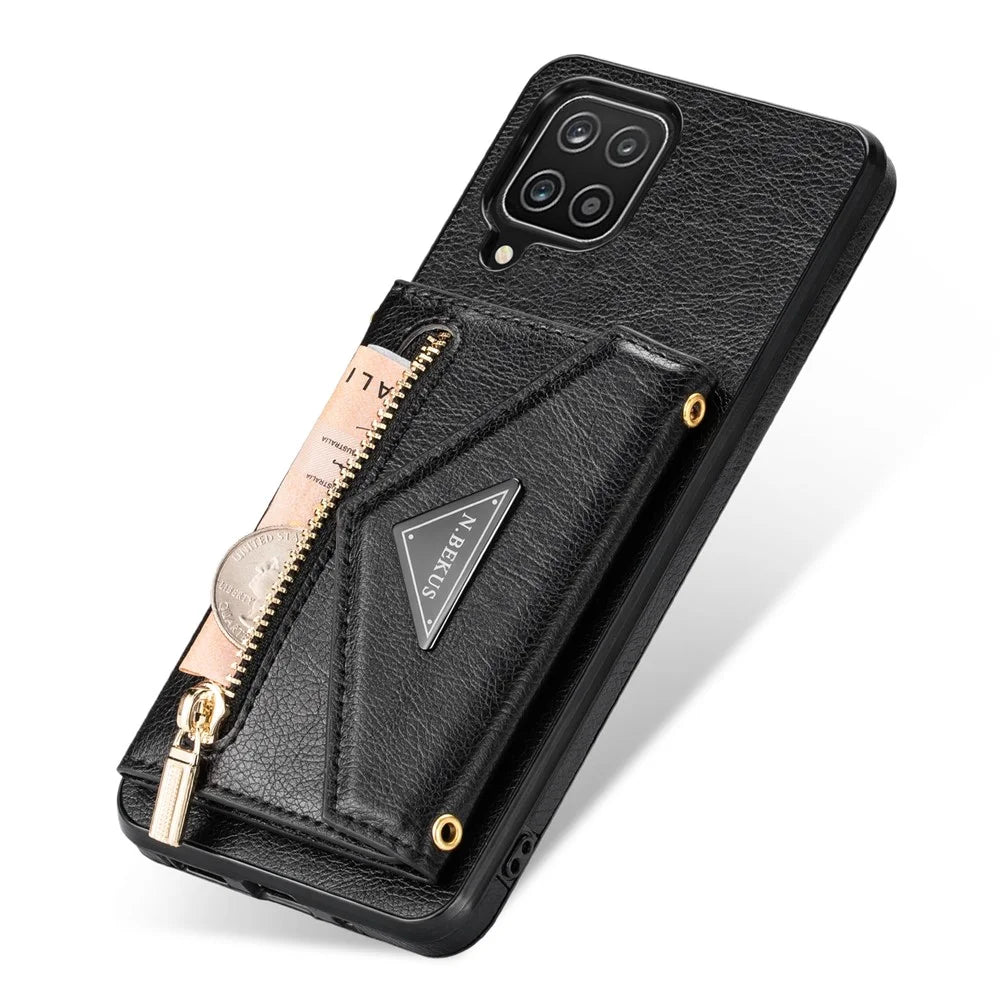 N.BEKUS PU Leather + TPU Phone Case for Samsung Galaxy A12, Zipper Card Holder Kickstand Cover with Long Strap - Black - 7