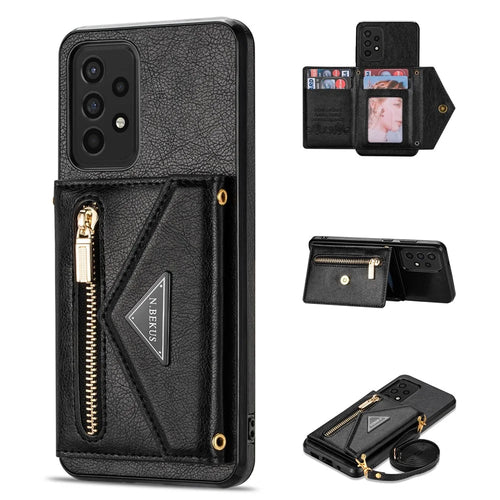 N.BEKUS Phone Case for Samsung Galaxy A52 4G/5G / A52s 5G, PU Leather + TPU Card Slots Holder Kickstand Cover with Strap - Black - 1