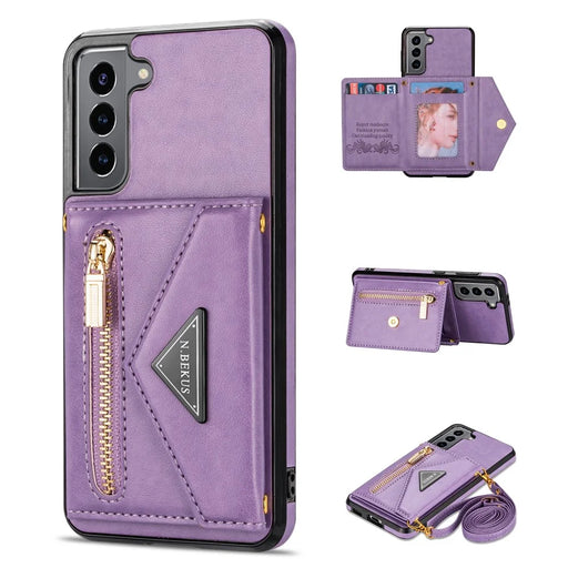 N.BEKUS PU Leather Coated TPU Case for Samsung Galaxy S22 5G, Card Slots Holder Kickstand Feature Protective Back Cover with Strap - Purple - 1