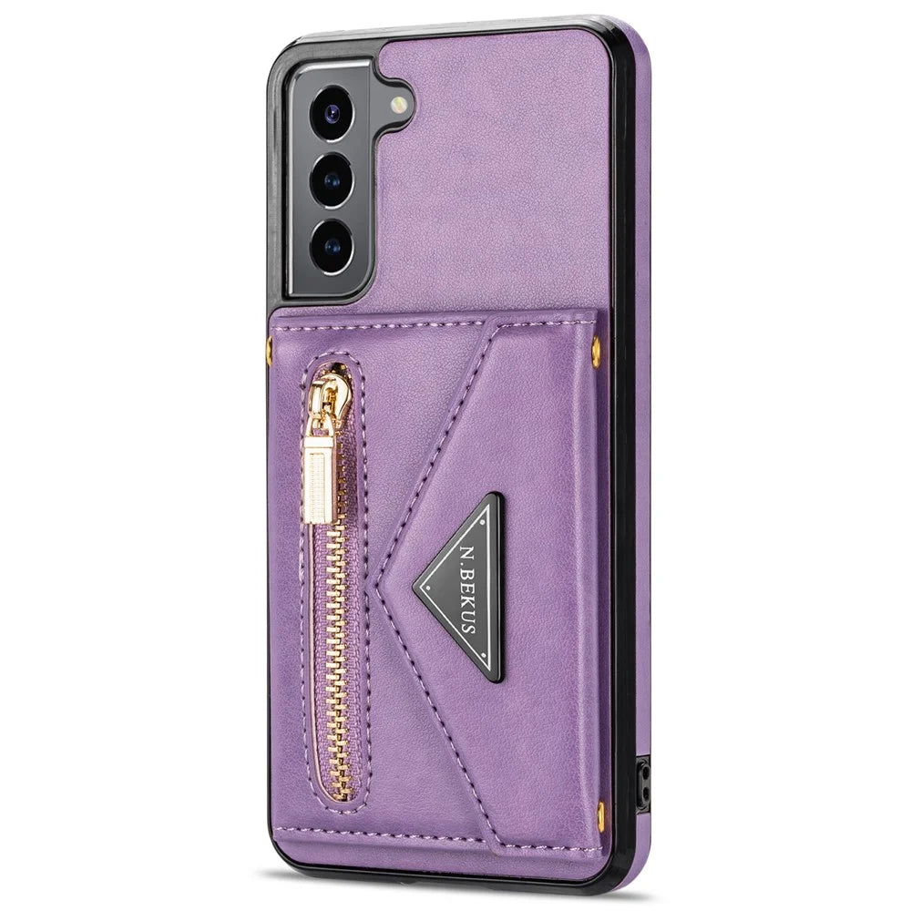N.BEKUS PU Leather Coated TPU Case for Samsung Galaxy S22 5G, Card Slots Holder Kickstand Feature Protective Back Cover with Strap - Purple - 3