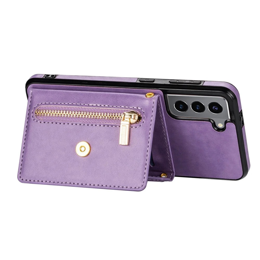 N.BEKUS PU Leather Coated TPU Case for Samsung Galaxy S22 5G, Card Slots Holder Kickstand Feature Protective Back Cover with Strap - Purple - 4