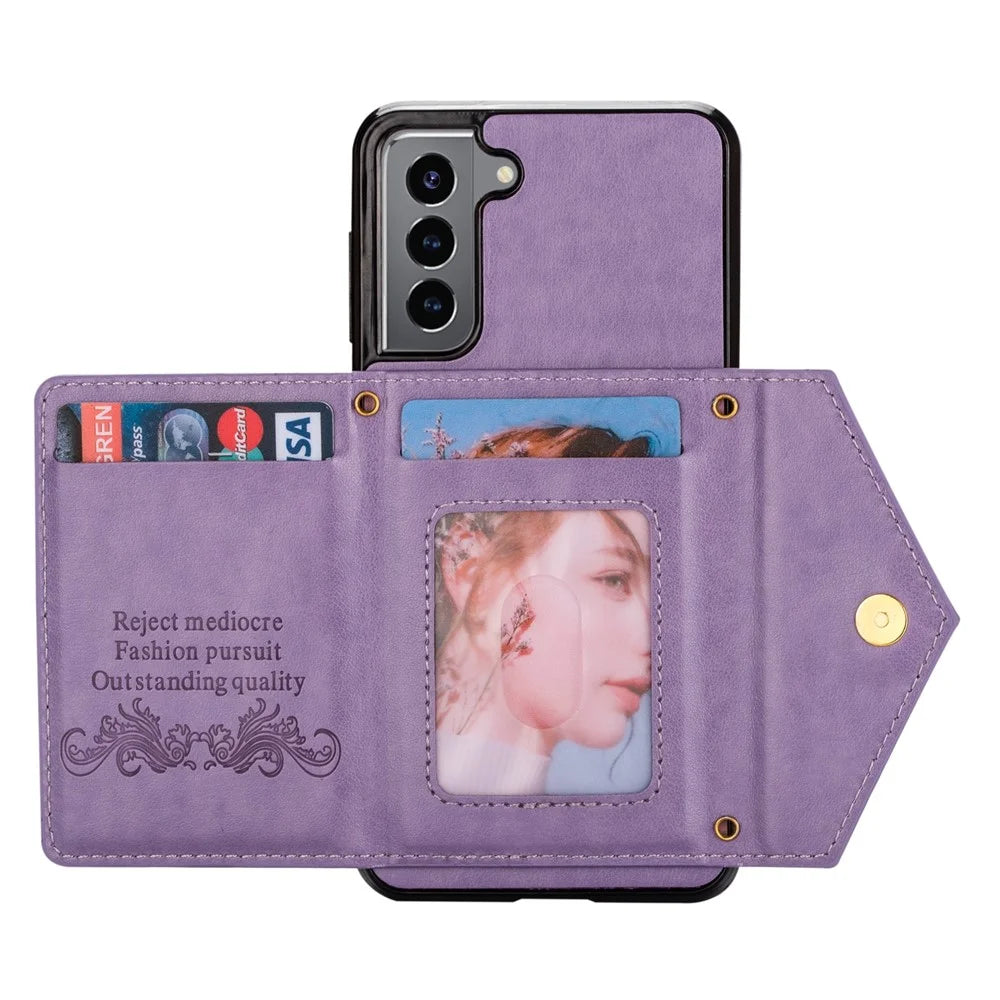 N.BEKUS PU Leather Coated TPU Case for Samsung Galaxy S22 5G, Card Slots Holder Kickstand Feature Protective Back Cover with Strap - Purple - 5