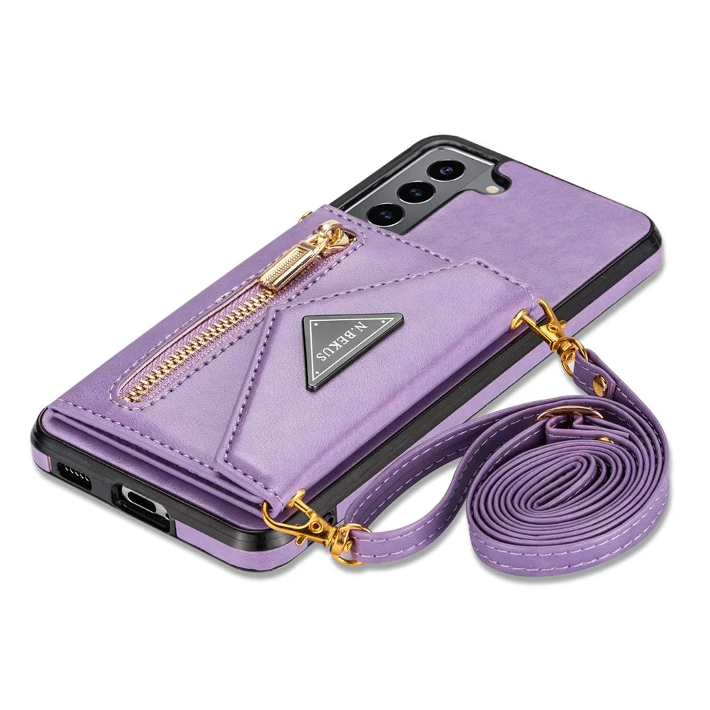 N.BEKUS PU Leather Coated TPU Case for Samsung Galaxy S22 5G, Card Slots Holder Kickstand Feature Protective Back Cover with Strap - Purple - 6