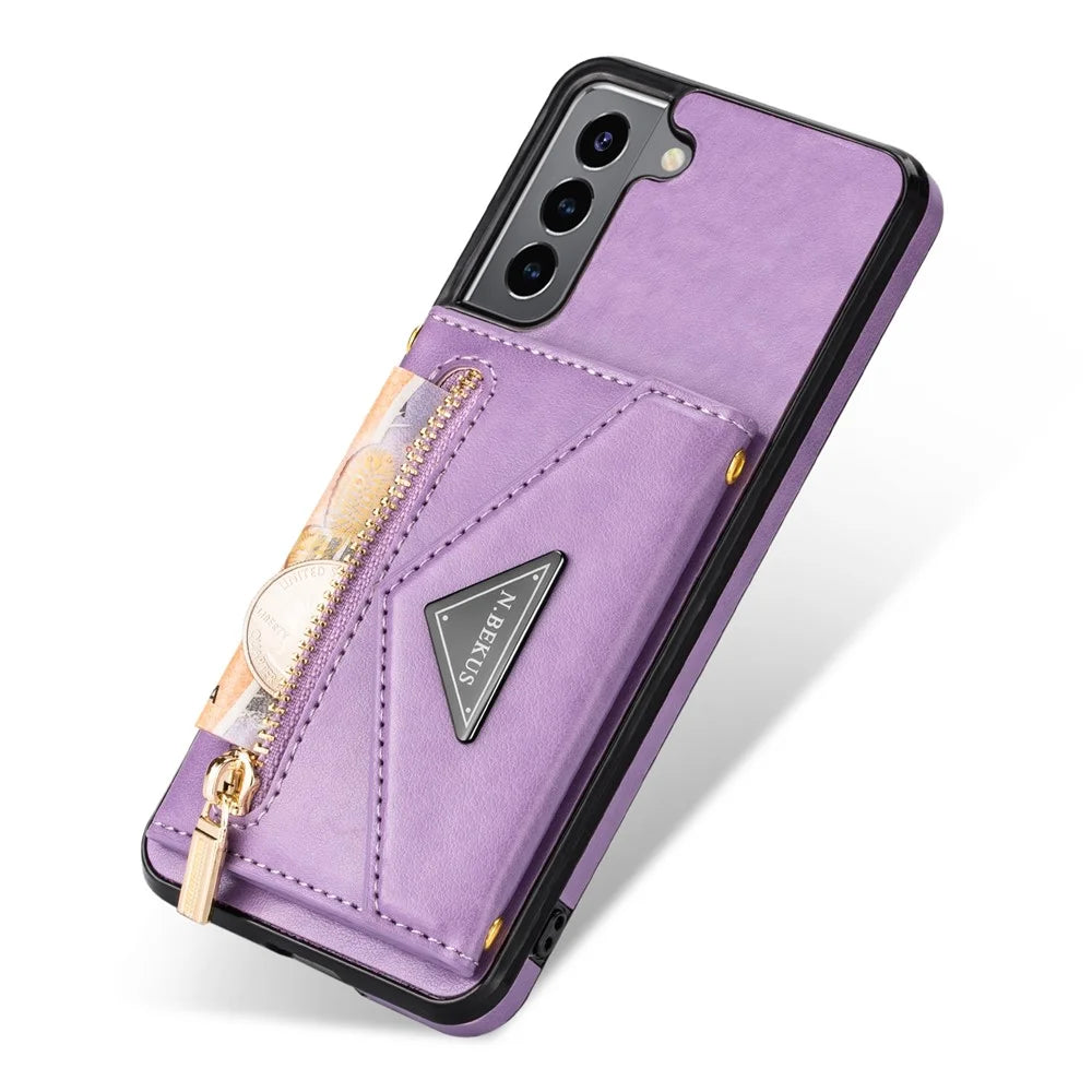 N.BEKUS PU Leather Coated TPU Case for Samsung Galaxy S22 5G, Card Slots Holder Kickstand Feature Protective Back Cover with Strap - Purple - 7