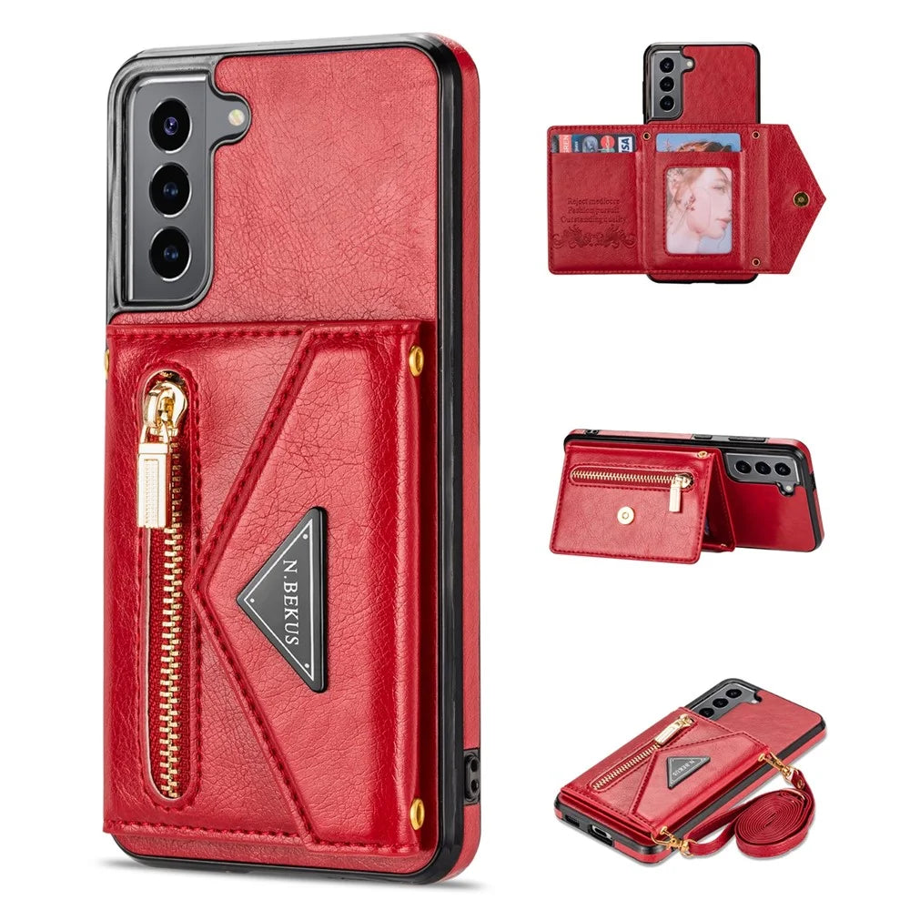 N.BEKUS for Samsung Galaxy S22+ 5G Case, PU Leather Coated TPU Kickstand Cover with Card Slots Holder and Strap - Red - 1