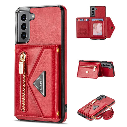 N.BEKUS for Samsung Galaxy S22+ 5G Case, PU Leather Coated TPU Kickstand Cover with Card Slots Holder and Strap - Red - 1