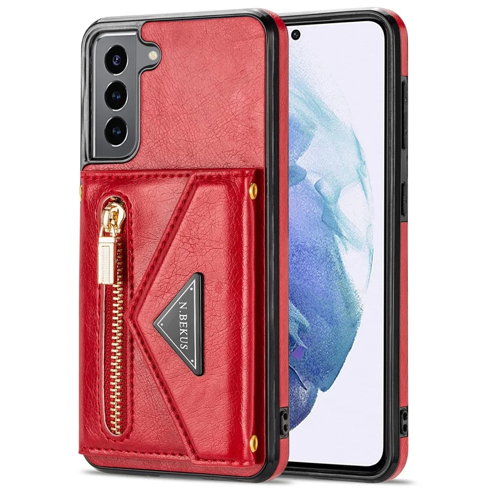 N.BEKUS for Samsung Galaxy S22+ 5G Case, PU Leather Coated TPU Kickstand Cover with Card Slots Holder and Strap - Red - 2
