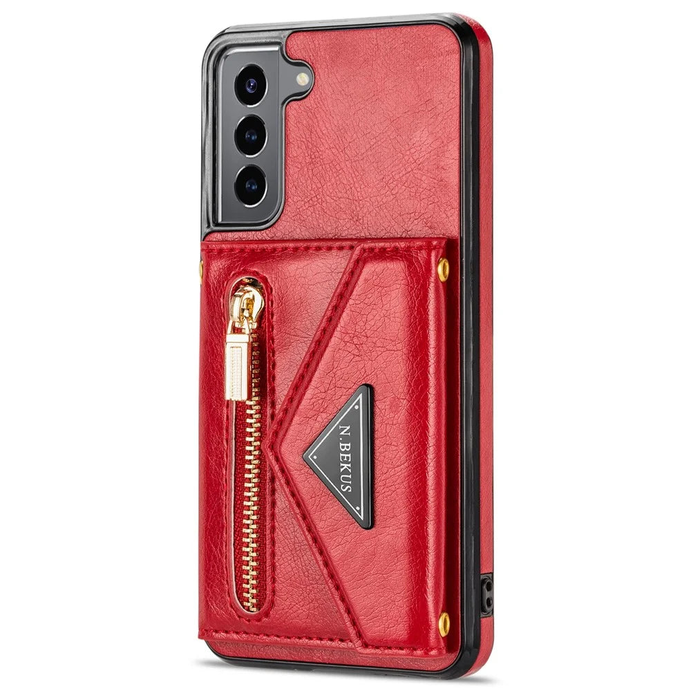 N.BEKUS for Samsung Galaxy S22+ 5G Case, PU Leather Coated TPU Kickstand Cover with Card Slots Holder and Strap - Red - 3